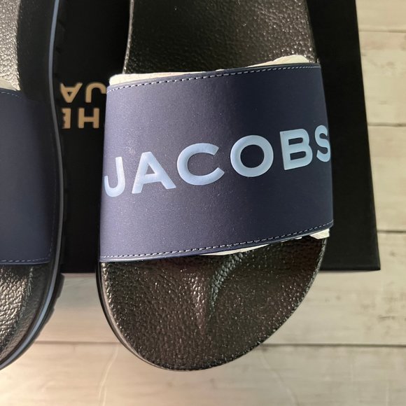 NEW MARC JACOBS Navy 'The Slide' Logo Print Ridged Flat Sandals Slides Shoes Sz8 - Picture 4 of 10